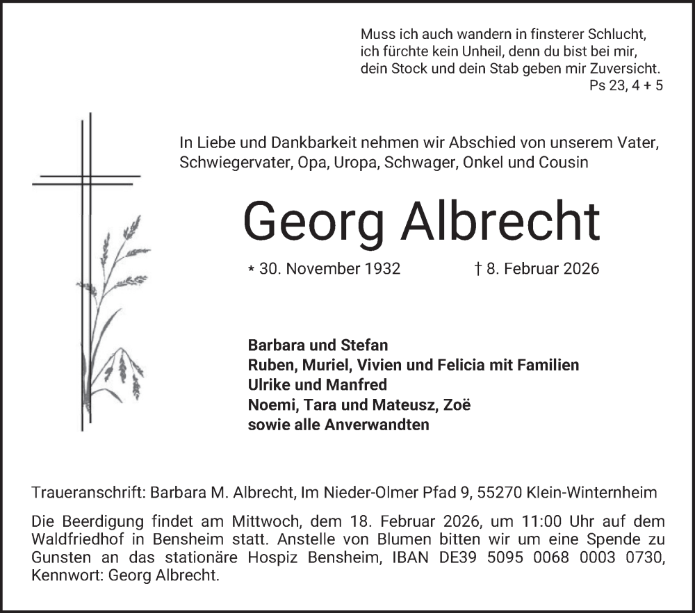  Traueranzeige für Georg Albrecht vom 14.02.2026 aus Bergsträßer Anzeiger
