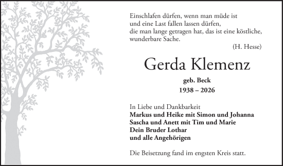 Traueranzeige von Gerda Klemenz von Bergsträßer Anzeiger