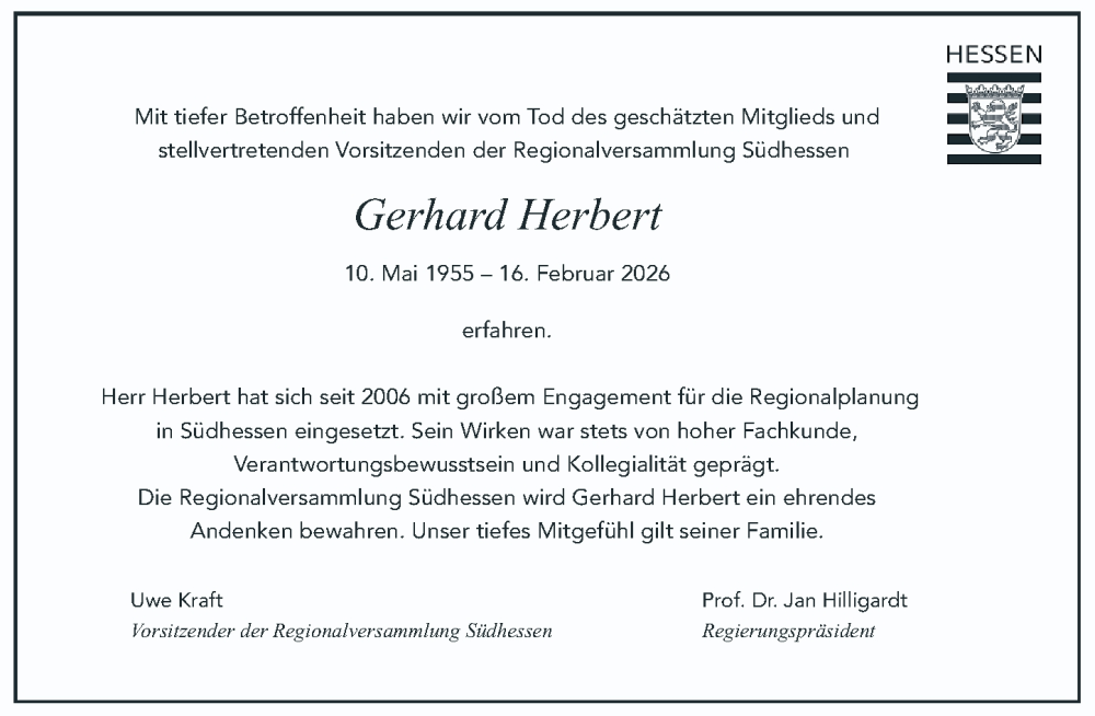  Traueranzeige für Gerhard Herbert vom 23.02.2026 aus Bergsträßer Anzeiger