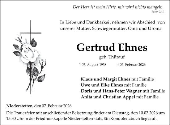 Traueranzeige von Gertrud Ehnes von Fränkische Nachrichten