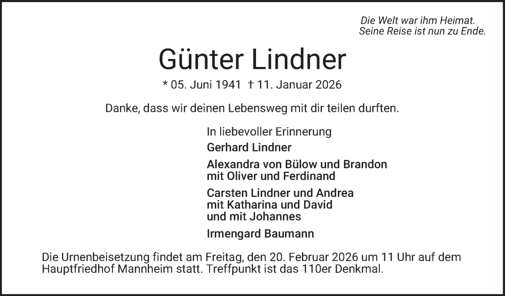  Traueranzeige für Günter Lindner vom 07.02.2026 aus Mannheimer Morgen