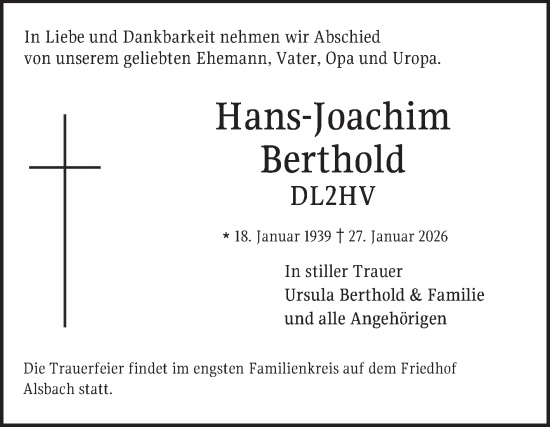 Traueranzeige von Hans-Joachim Berthold von Bergsträßer Anzeiger