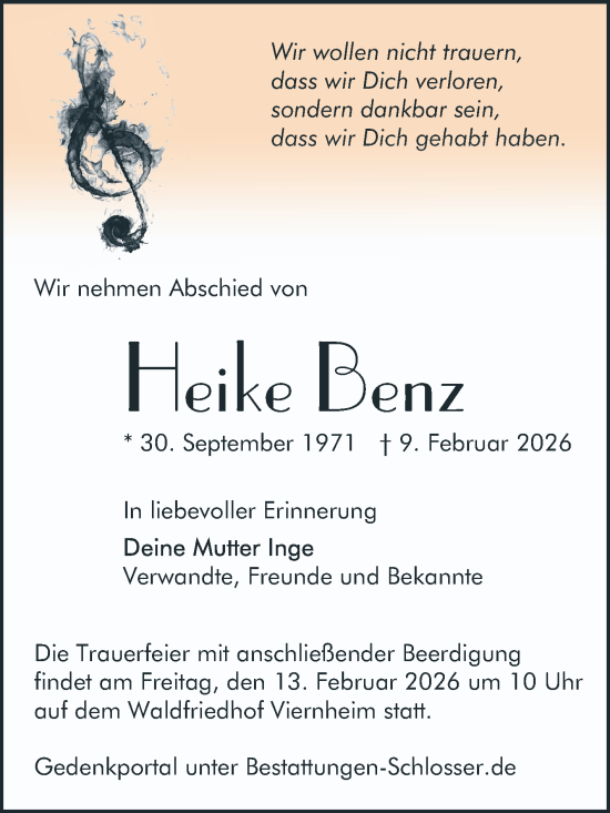 Traueranzeige von Heike Benz von Mannheimer Morgen