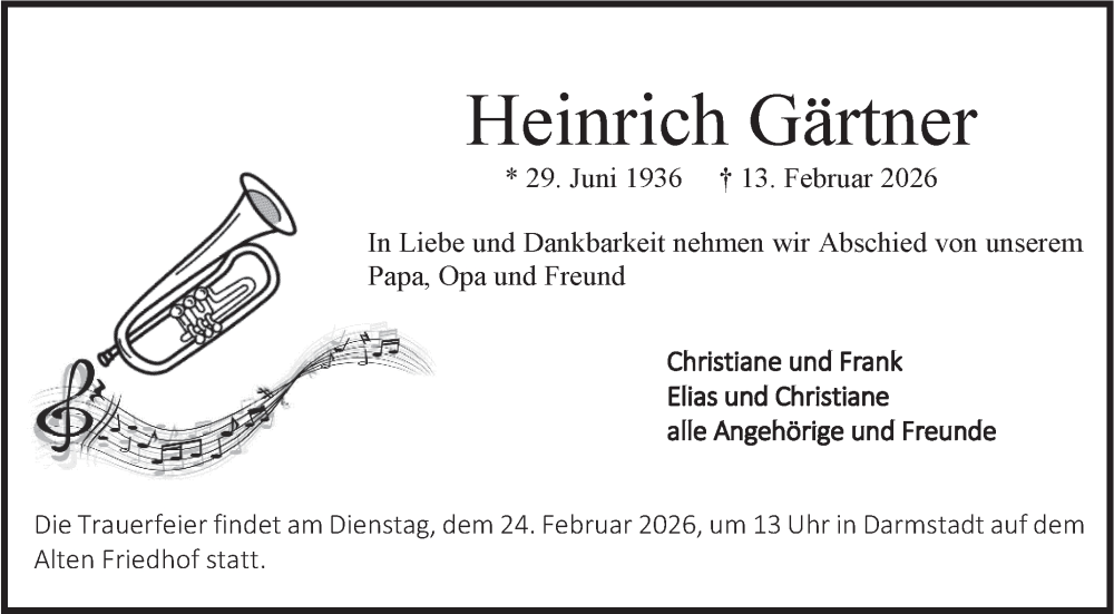  Traueranzeige für Heinrich Gärtner vom 21.02.2026 aus Bergsträßer Anzeiger