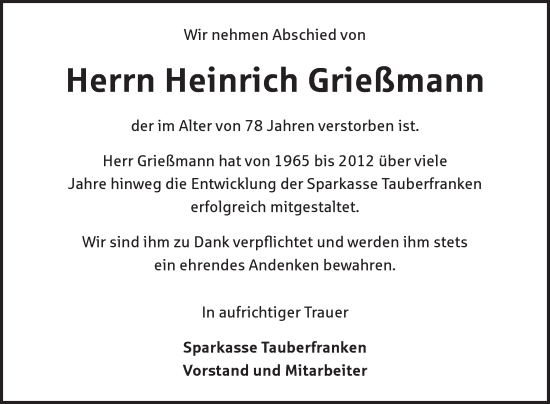 Traueranzeige von Heinrich Grießmann von Fränkische Nachrichten