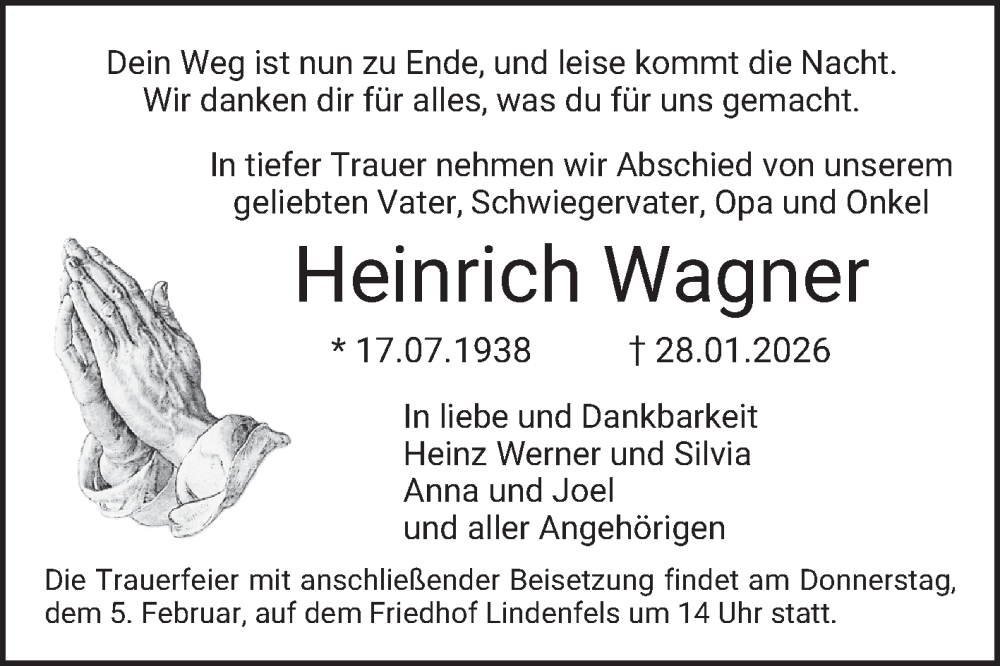  Traueranzeige für Heinrich Wagner vom 03.02.2026 aus Bergsträßer Anzeiger