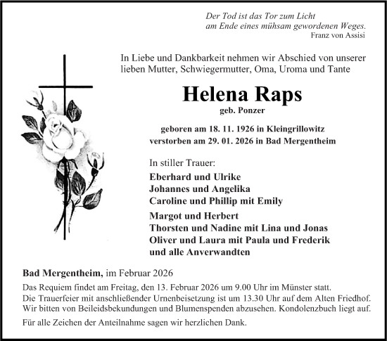 Traueranzeige von Helena Raps von Fränkische Nachrichten