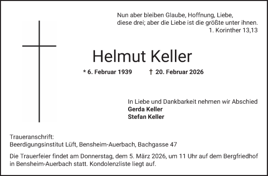 Traueranzeige von Helmut Keller von Bergsträßer Anzeiger