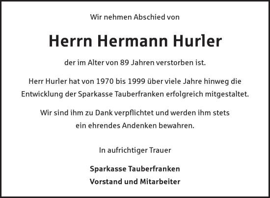Traueranzeige von Hermann Hurler von Fränkische Nachrichten