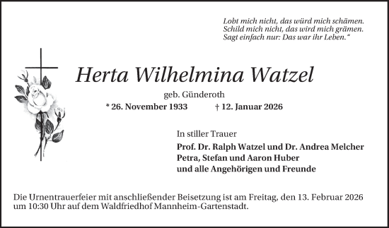 Traueranzeige von Herta Wilhelmina Watzel von Mannheimer Morgen