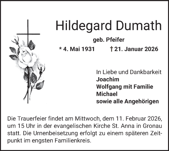 Traueranzeige von Hildegard Dumath von Bergsträßer Anzeiger