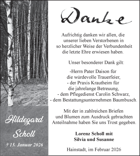 Traueranzeige von Hildegard Scholl von Fränkische Nachrichten