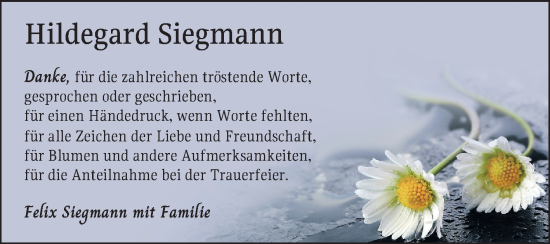 Traueranzeige von Hildegard Siegmann von Mannheimer Morgen