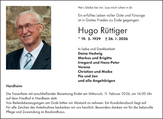Traueranzeige von Hugo Rüttiger von Fränkische Nachrichten