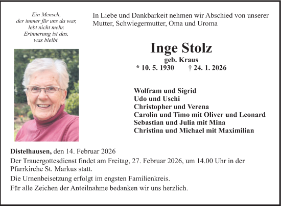 Traueranzeige von Inge Stolz von Fränkische Nachrichten