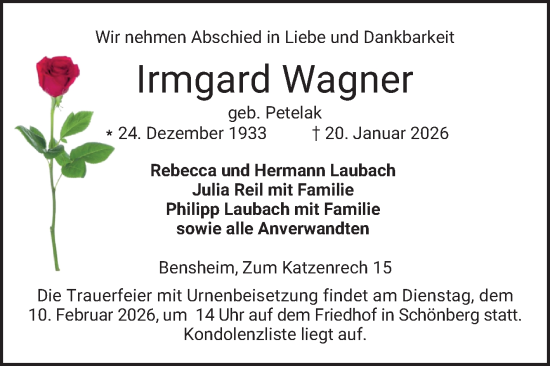 Traueranzeige von Irmgard Wagner von Bergsträßer Anzeiger
