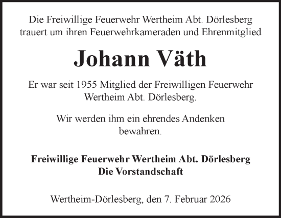 Traueranzeige von Johann Väth von Fränkische Nachrichten
