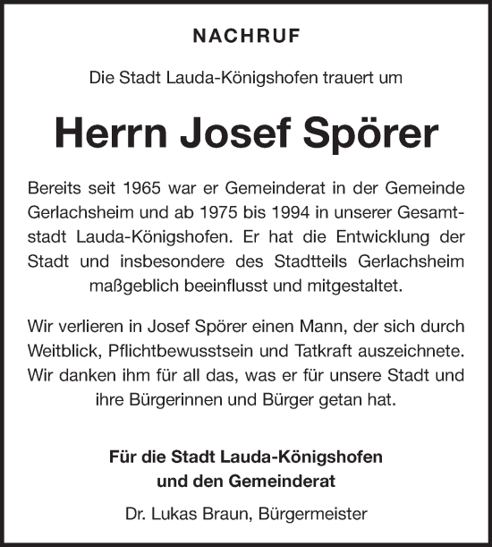 Traueranzeige von Josef Spörer von Fränkische Nachrichten