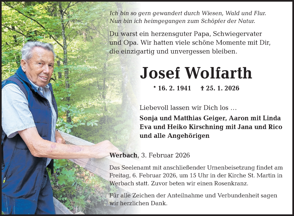 Traueranzeige für Josef Wolfarth vom 03.02.2026 aus Fränkische Nachrichten