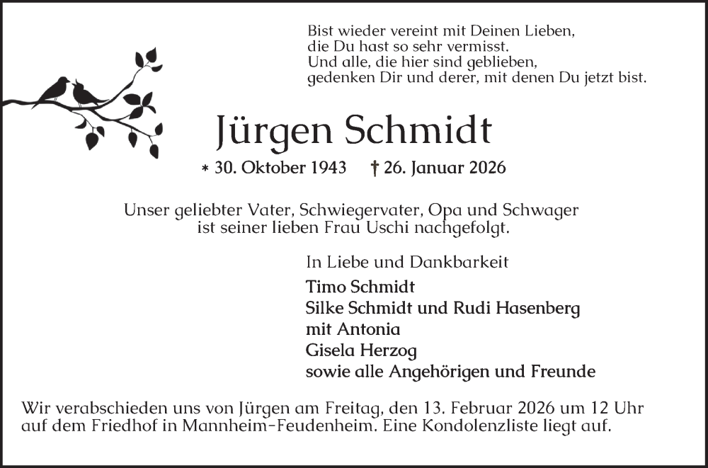 Traueranzeige für Jürgen Schmidt vom 07.02.2026 aus Mannheimer Morgen