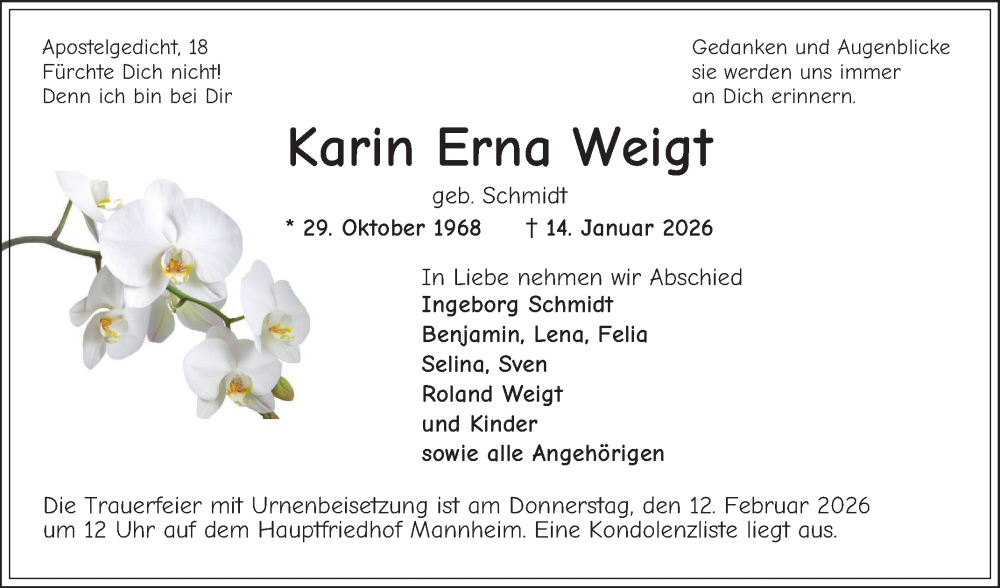  Traueranzeige für Karin Erna Weigt vom 07.02.2026 aus Mannheimer Morgen