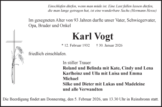 Traueranzeige von Karl Vogt von Fränkische Nachrichten