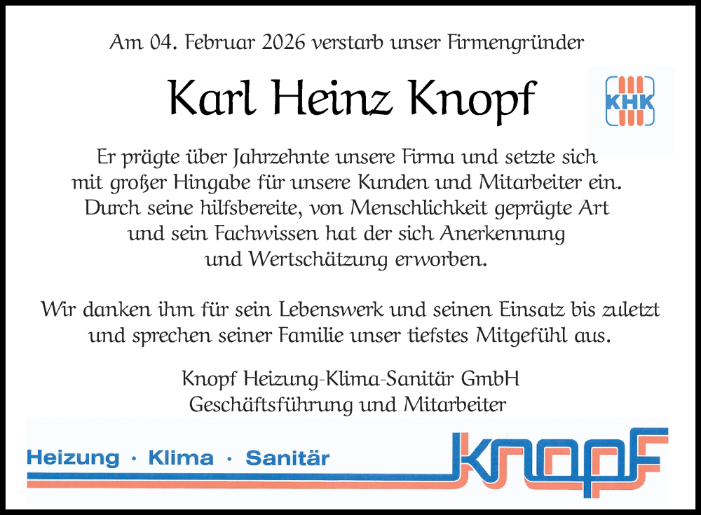  Traueranzeige für Karl Heinz Knopf vom 07.02.2026 aus Mannheimer Morgen