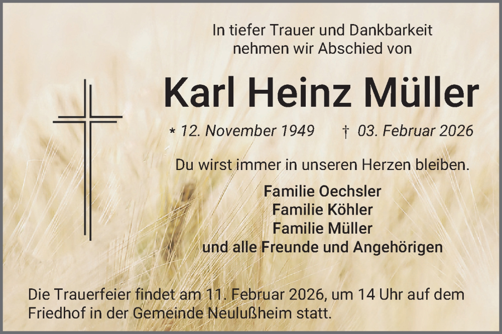  Traueranzeige für Karl Heinz Müller vom 09.02.2026 aus Schwetzinger Zeitung