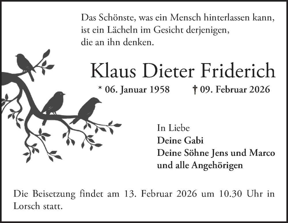  Traueranzeige für Klaus Dieter Friderich vom 12.02.2026 aus Bergsträßer Anzeiger