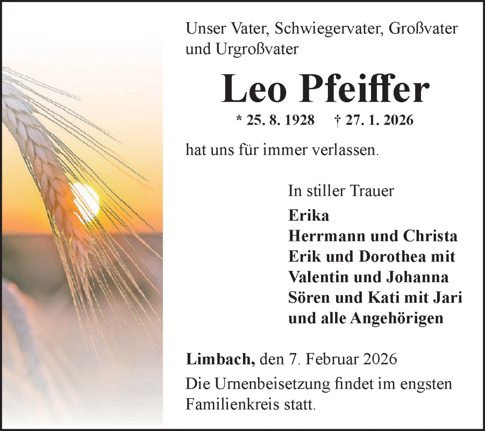  Traueranzeige für Leo Pfeiffer vom 07.02.2026 aus Fränkische Nachrichten