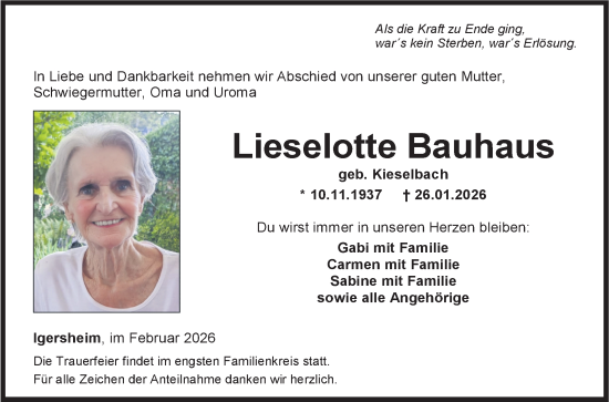 Traueranzeige von Lieselotte Bauhaus von Fränkische Nachrichten
