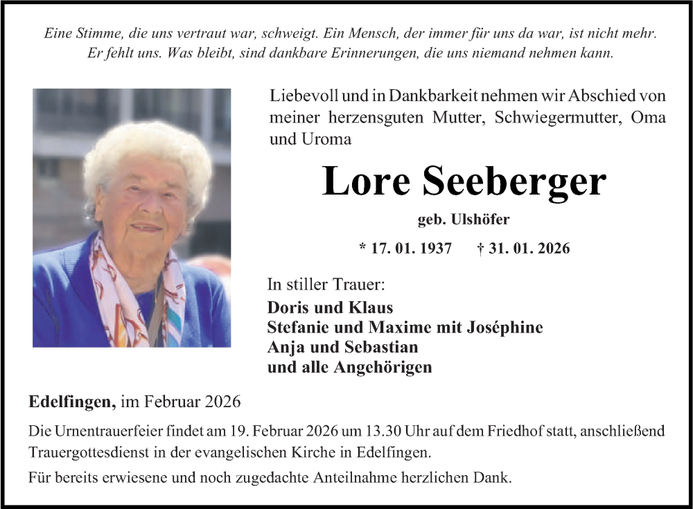 Traueranzeige für Lore Seeberger vom 07.02.2026 aus Fränkische Nachrichten