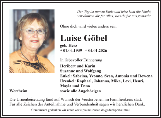 Traueranzeige von Luise Göbel von Fränkische Nachrichten