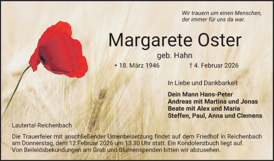 Traueranzeige von Margarete Oster von Bergsträßer Anzeiger