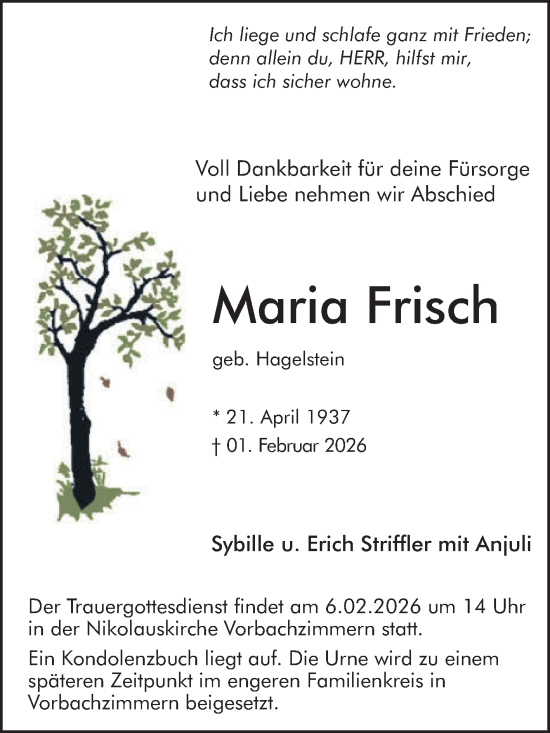 Traueranzeige von Maria Frisch von Fränkische Nachrichten