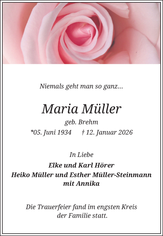 Traueranzeige von Maria Müller von Schwetzinger Zeitung
