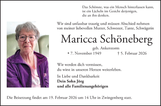 Traueranzeige von Maricca Schöneberg von Bergsträßer Anzeiger