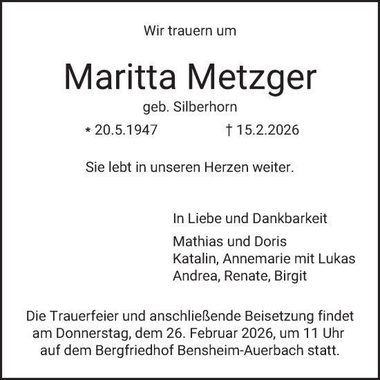 Traueranzeige von Maritta Metzger von Bergsträßer Anzeiger