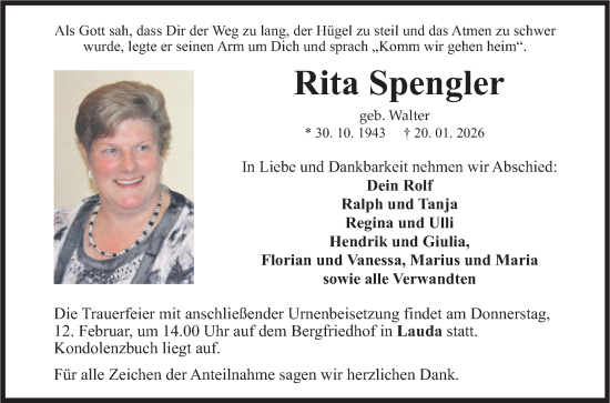 Traueranzeige von Rita Spengler von Fränkische Nachrichten