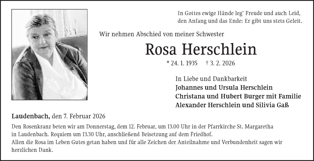  Traueranzeige für Rosa Herschlein vom 07.02.2026 aus Fränkische Nachrichten
