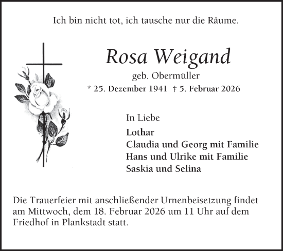 Traueranzeige von Rosa Weigand von Schwetzinger Zeitung