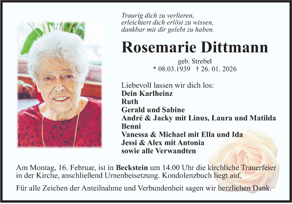  Traueranzeige für Rosemarie Dittmann vom 10.02.2026 aus Fränkische Nachrichten