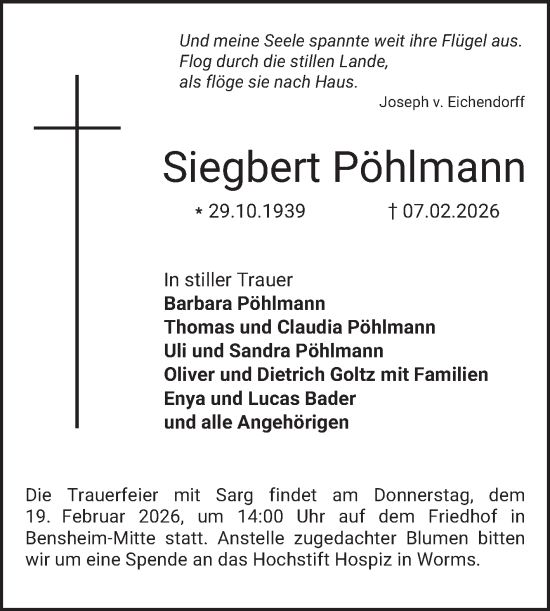Traueranzeige von Siegbert Pöhlmann von Bergsträßer Anzeiger
