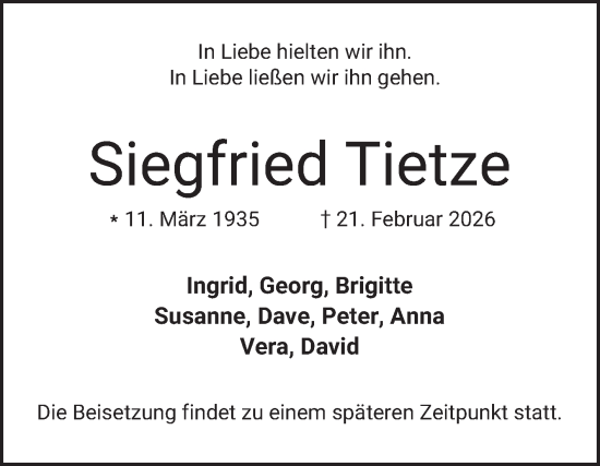 Traueranzeige von Siegfried Tietze von Bergsträßer Anzeiger