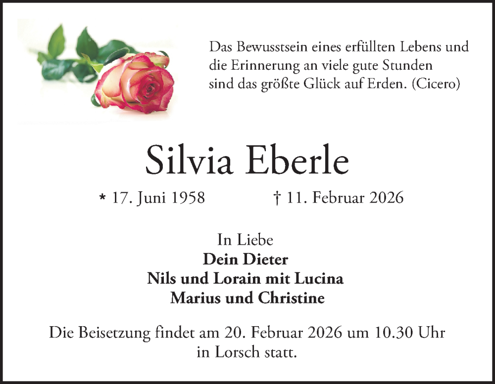  Traueranzeige für Silvia Eberle vom 14.02.2026 aus Bergsträßer Anzeiger