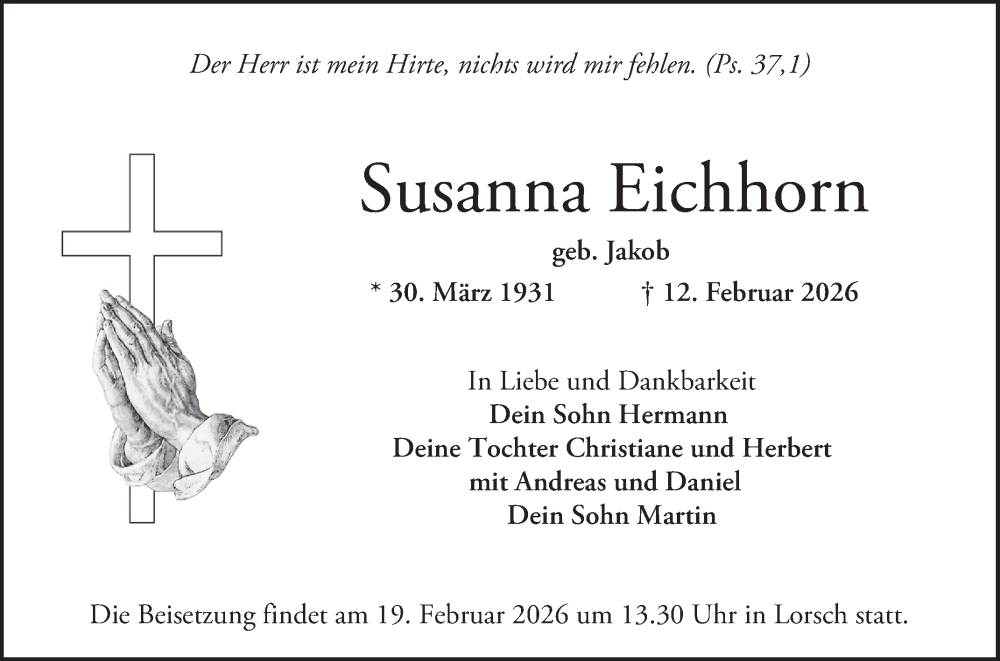  Traueranzeige für Susanna Eichhorn vom 14.02.2026 aus Bergsträßer Anzeiger