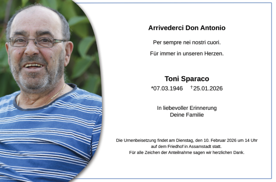 Traueranzeige von Toni Sparaco von Fränkische Nachrichten