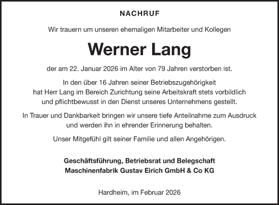 Traueranzeige von Werner Lang von Fränkische Nachrichten