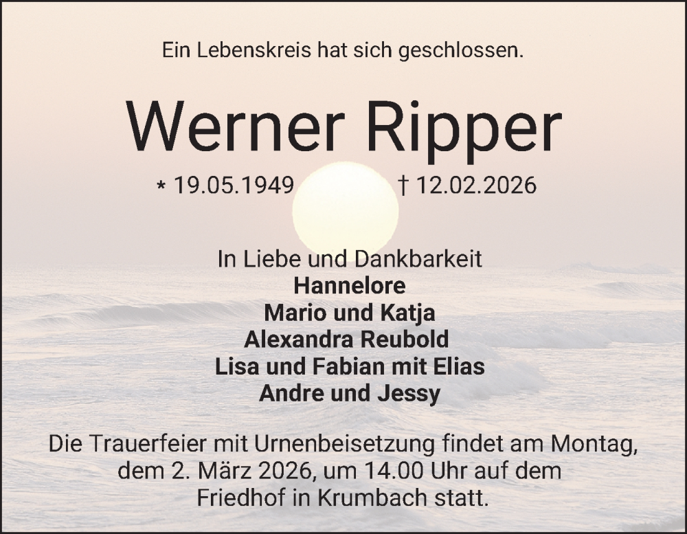  Traueranzeige für Werner Ripper vom 21.02.2026 aus Bergsträßer Anzeiger