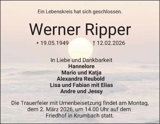 Traueranzeige von Werner Ripper von Bergsträßer Anzeiger